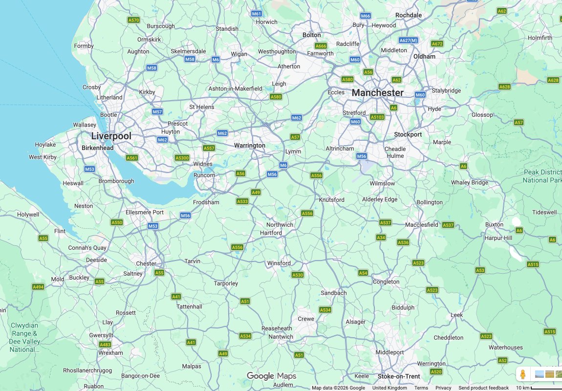 Map of the North West showing coverage from Warrington across Liverpool and Manchester